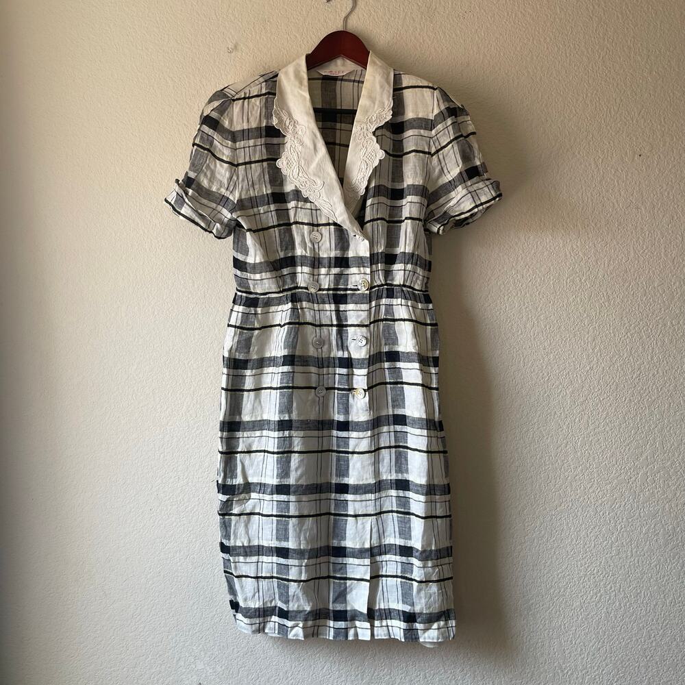 Vintage black and white‎ plaid midi shirt dress with white white collar small